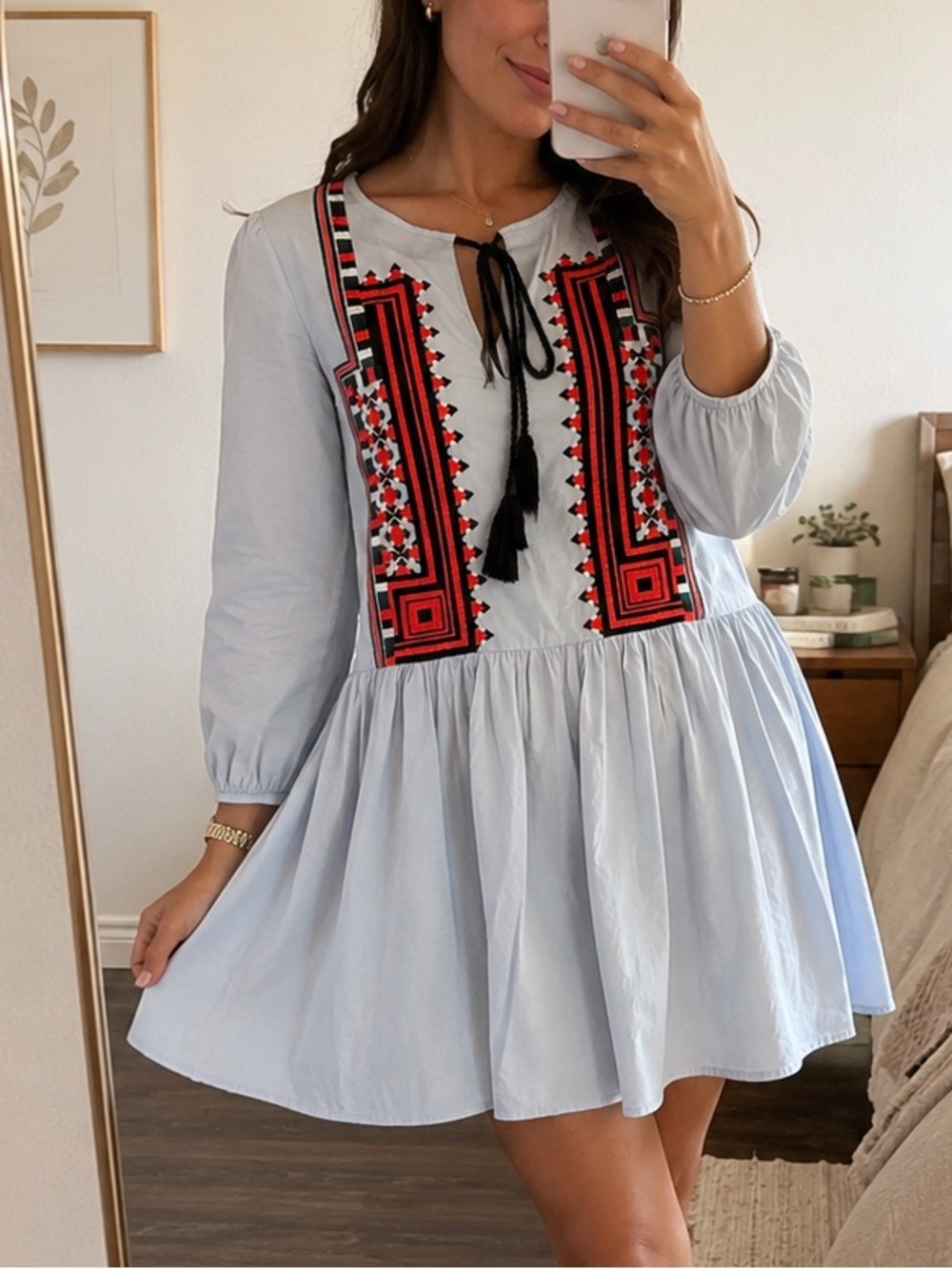 Light Blue Embroidered Babydoll Dress with Orange Detail